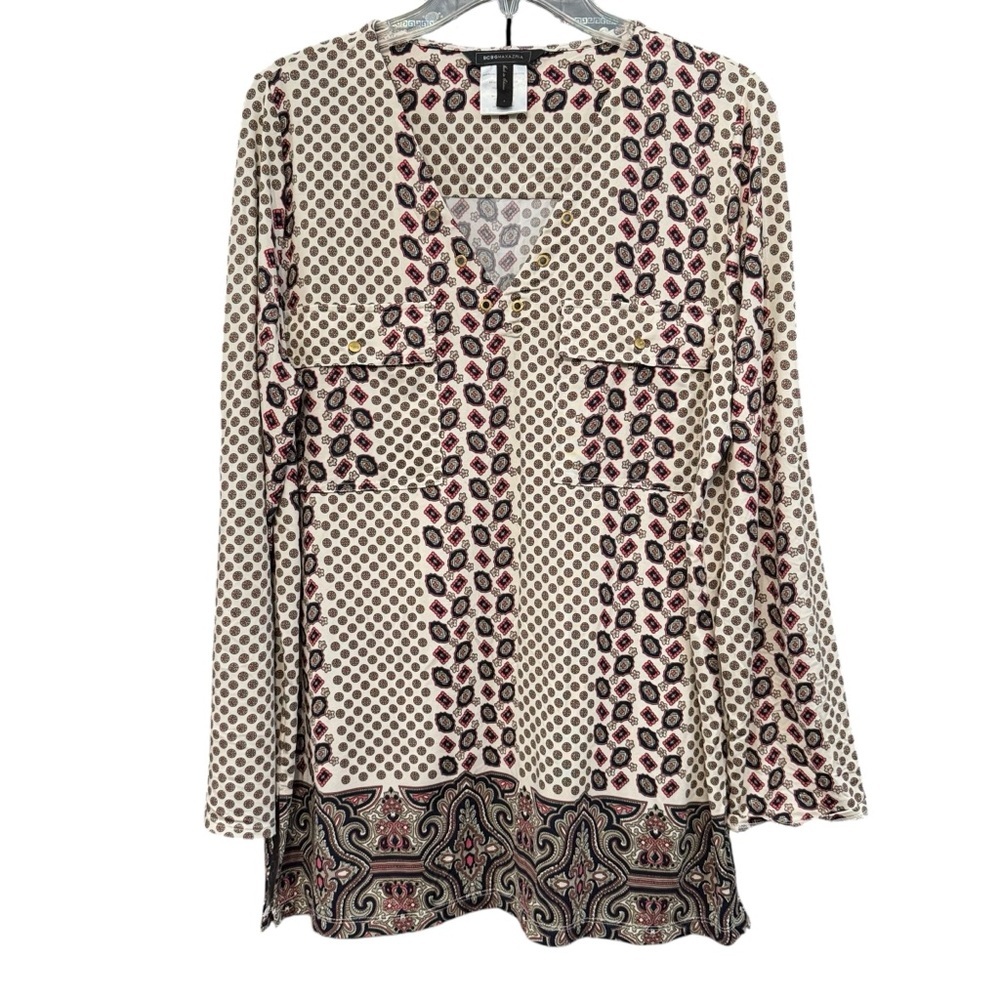 Excellent! BCBGMAXAZRIA Women Cream Navy Print Tunic Long Sleeve - Picture 4 of 11